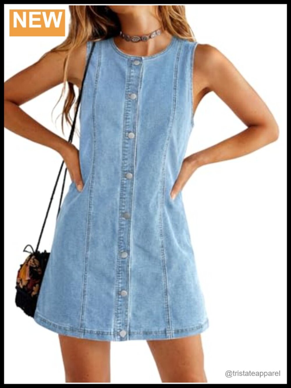 Womens Sleeveless Denim Mini Dress A-Line Button Down Jean Dress